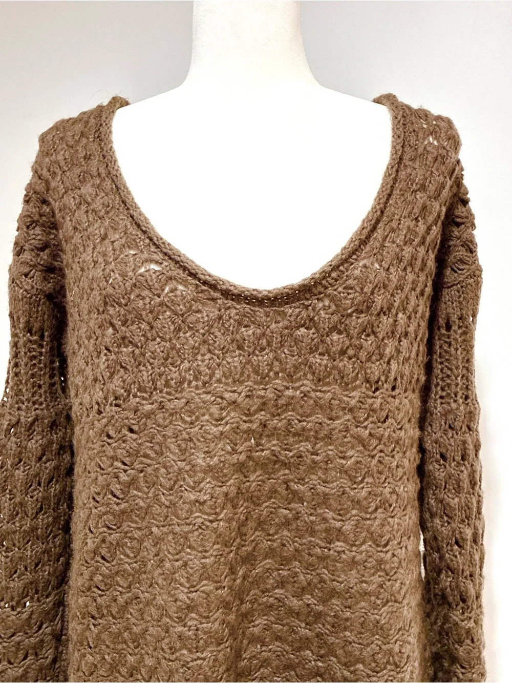 Free People Brown Open-Weave Crochet Knit Scoop Neck Sweater XS